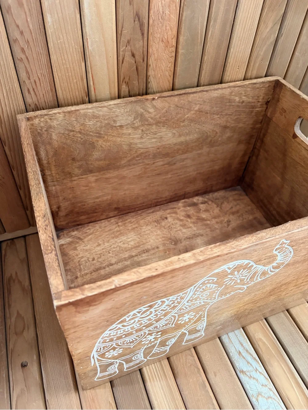 Boho Wooden Crate Elephant Motif, Rustic Acacia Wood Organizer Decor Box